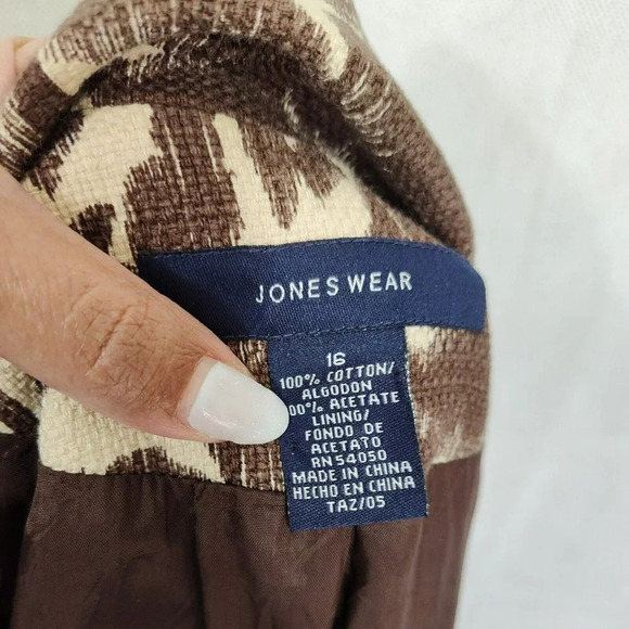Jones Wear Open Front Blazer Jacket Women Size 16 Brown Cream Floral One Hook - Picture 6 of 7